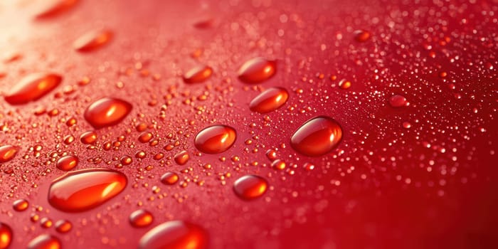 Water droplets cluster on a smooth red surface, highlighting their spherical shapes and the way they catch and reflect light. The vivid color enhances the visual appeal.