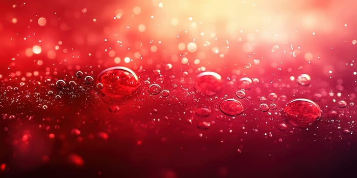 Bubbles and droplets float on a deep red surface, illuminated by soft light that enhances the vibrant colors, creating an abstract aesthetic.