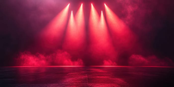 Red stage lights illuminate a darkened venue, casting a dramatic glow over the polished floor. The intense atmosphere suggests an upcoming performance, captivating the audience.