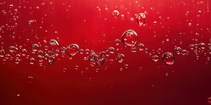 Bubbles are rising and floating through a rich red liquid, creating a captivating and lively effect, perfect for representing drinks at festive occasions or celebrations.