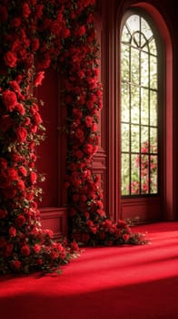 In a beautifully adorned room, vibrant red roses cascade from an ornate archway, creating a dramatic entrance. Large windows radiate natural light, enhancing the warm ambiance.