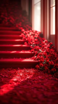 Red roses and petals cover a staircase, illustrating a romantic and elegant arrangement. The soft light enhances the rich color, perfect for a special occasion.