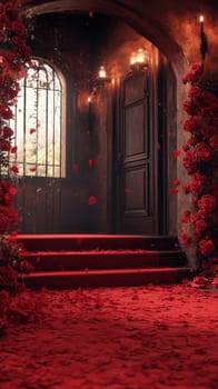A beautifully decorated entrance features vibrant red roses lining the steps, creating a romantic atmosphere as petals gently fall. Soft light illuminates the door.
