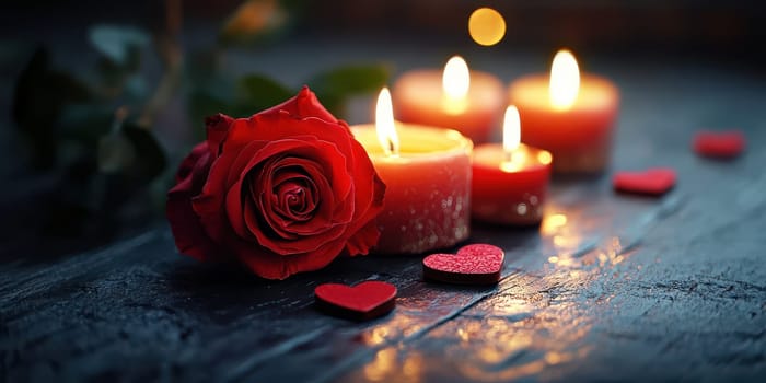 Soft candlelight illuminates a lovely arrangement featuring a red rose and heart-shaped decorations. Perfect for creating a romantic atmosphere on a special night.