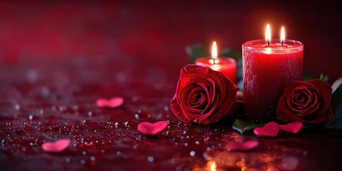 A cozy arrangement features deep red roses and flickering candles, creating a warm, romantic atmosphere perfect for a special evening or celebration with loved ones.