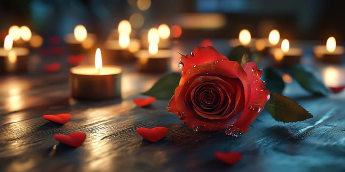 A red rose with droplets sits on a wooden table surrounded by softly glowing candles and scattered heart-shaped decorations, suggesting a romantic setting.