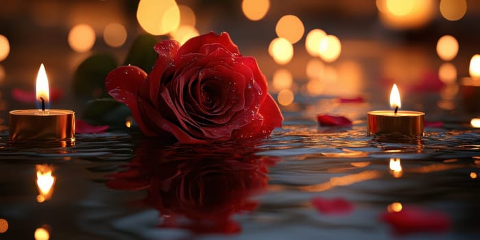 A tranquil setting features a red rose resting on the surface of calm water surrounded by glowing candles. Soft light from the flames creates a romantic atmosphere.
