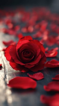A vibrant red rose sits prominently on a dark surface, surrounded by delicate rose petals. The soft lighting enhances the romantic setting, evoking feelings of love.
