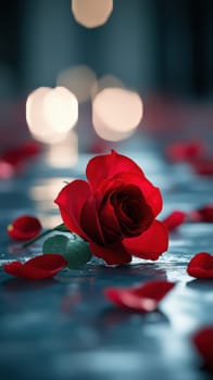 A vibrant red rose rests elegantly among scattered petals on a reflective surface. Subtle candlelight provides a warm glow, enhancing the romantic atmosphere.