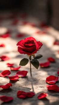 A vibrant red rose is upright on a textured surface, surrounded by delicate petals in shades of red. The soft afternoon light enhances the peaceful atmosphere, creating a romantic scene.