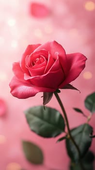 A vibrant pink rose stands elegantly on its slender stem, surrounded by softly blurred bokeh lights and a gentle pink backdrop, creating a romantic ambiance.