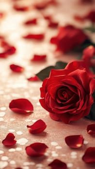 A vibrant red rose lies gracefully on a soft surface, surrounded by scattered rose petals. The shimmering background creates a romantic ambiance perfect for special occasions.