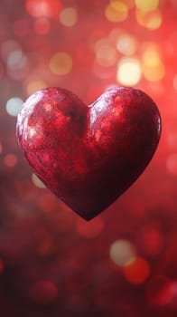 A striking red heart glimmers with a textured surface, suspended against a backdrop of softly glowing lights, creating a warm and inviting ambiance perfect for expressing love.