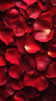 A lush arrangement of deep red rose petals creates a rich and romantic ambiance. These petals showcase their velvety texture and striking color, ideal for celebrations or special moments.