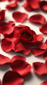 A stunning red rose lies in the center of scattered rose petals, creating an elegant and romantic ambiance suitable for celebrations or intimate moments.