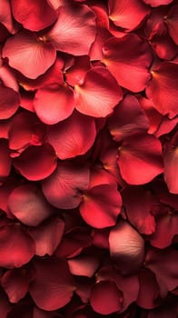 An abundant collection of deep red rose petals fills the frame, showcasing their delicate textures and rich colors, perfect for creating a striking visual effect.
