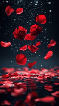 Red roses and petals float above a shimmering surface, surrounded by glistening droplets. The dark background enhances the vivid color and delicate beauty of the flowers.