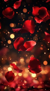 Delicate red rose petals gracefully drift through the air, illuminated by a warm glow of soft lights, enhancing the enchanting ambiance of a celebration.