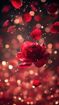 A single red rose surrounded by falling petals and shimmering lights evokes a sense of romance and celebration. Perfect for anniversaries or Valentine's Day.