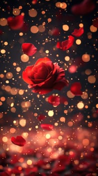 A vibrant red rose is suspended in the air, surrounded by soft petals falling gracefully. Golden bokeh lights create a magical atmosphere, enhancing the beauty of the flower.