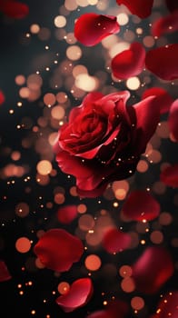A vibrant red rose stands out as petals gently fall around it, illuminated by soft glowing lights in a dark, dreamy atmosphere, creating a romantic feel.