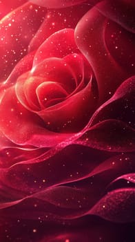 A mesmerizing close-up of a red rose, with delicate petals shimmering against a softly blurred background, creating a romantic and enchanting atmosphere.