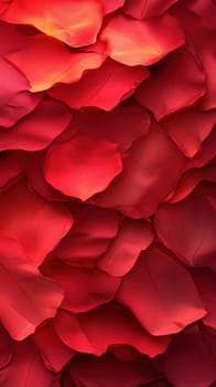 A dense arrangement of deep red rose petals covers the surface, showcasing their velvety texture and rich color. Ideal for celebrations or intimate settings.