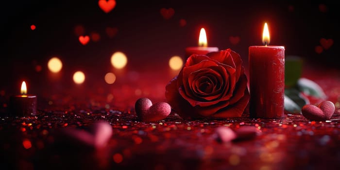A beautiful arrangement features red candles, a blooming rose, and heart-shaped decorations on a glittery surface, creating a cozy atmosphere, ideal for romantic celebrations.
