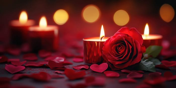 Soft candlelight illuminates a romantic table setting adorned with red rose petals and a fresh red rose, creating an intimate atmosphere for a special evening or celebration.