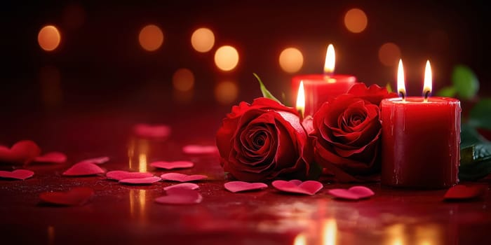 Arrangement features three vibrant red roses, flickering candles, and heart-shaped confetti, creating a romantic atmosphere perfect for a cozy evening.