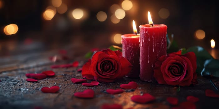 A warm ambiance is created with three red candles glowing softly, surrounded by fresh red roses and scattered heart-shaped petals, perfect for romance.