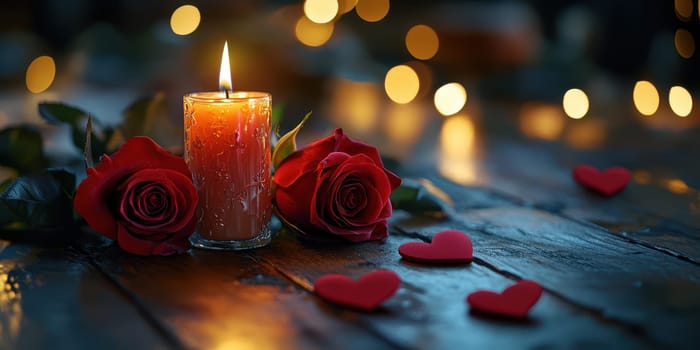 A single candle burns softly among red roses and heart-shaped decorations, casting a warm glow and creating a cozy, romantic ambiance perfect for evening celebrations.