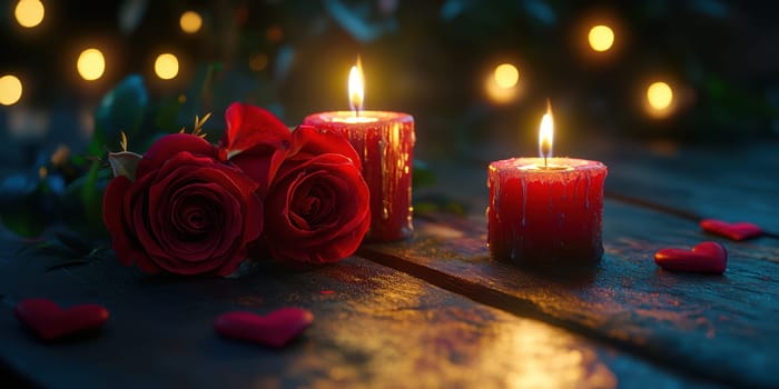 Soft candlelight illuminates red roses and heart decorations on a wooden table, creating a romantic setting perfect for an intimate evening.