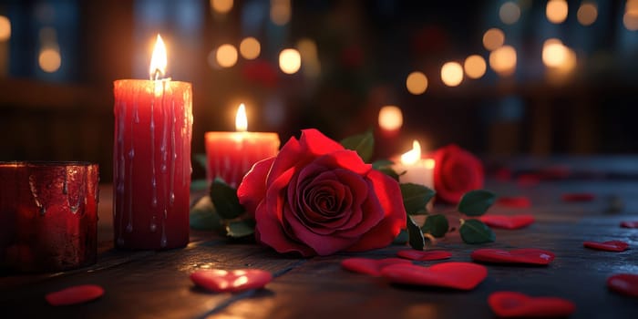 The warm glow of candles illuminates a dark setting filled with red roses and heart-shaped petals scattered on a wooden table, creating a romantic atmosphere.