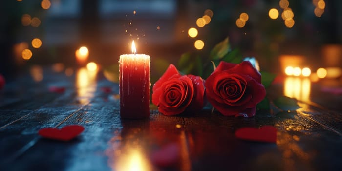Setting the mood for romance, a glowing candle stands beside two elegant red roses on a table adorned with heart-shaped confetti. Soft lighting enhances the intimate atmosphere.