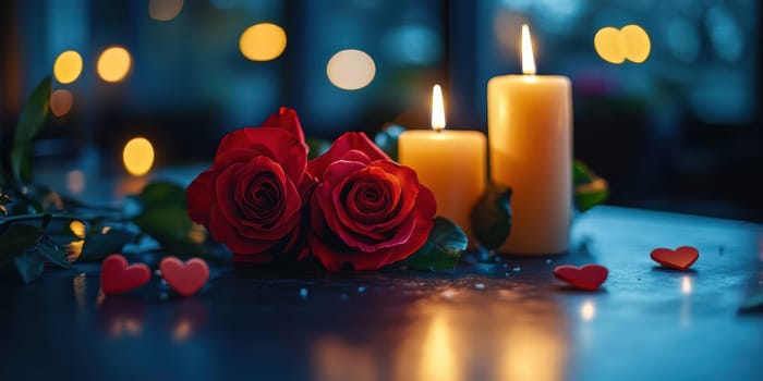 Two red roses lie next to lit candles, casting a warm glow. Small heart-shaped decorations add a charming touch to the cozy ambiance, perfect for a romantic evening.