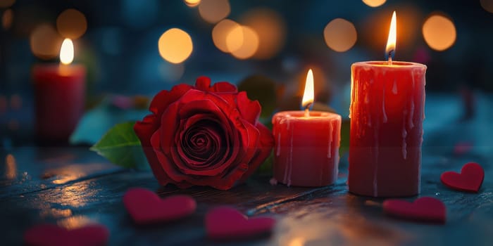 Soft candlelight flickers around a deep red rose and delicate heart shapes, creating a warm and inviting ambiance perfect for a romantic evening or celebration.