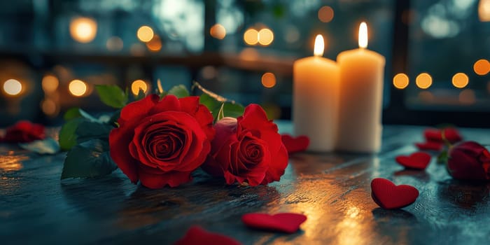 Two vibrant red roses rest on a wooden table beside two lit candles, surrounded by heart-shaped decorations, creating a cozy and romantic ambiance perfect for a special evening.