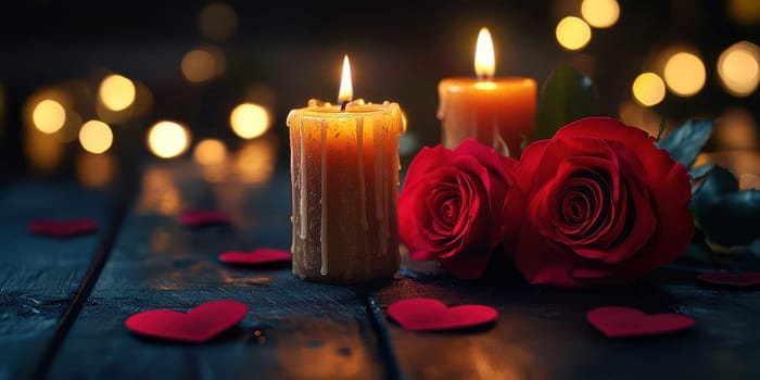 Two flickering candles illuminate a dark table, accompanied by vibrant red roses and heart-shaped decorations, creating a cozy and romantic atmosphere ideal for special occasions.