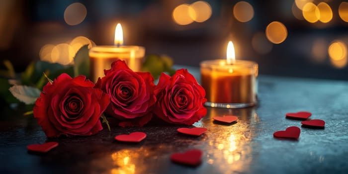 Red roses and flickering candles create a warm, intimate atmosphere perfect for a romantic evening. Small heart decorations add a touch of love to the scene.