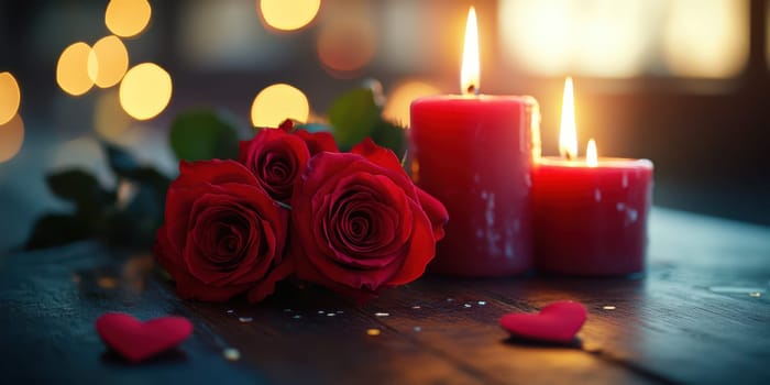 Red roses are arranged beside three lit candles, casting a warm glow. Hearts and shimmering accents decorate the wooden table, enhancing the romantic ambiance of the setting.