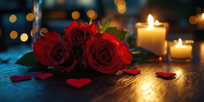 A beautiful arrangement of red roses sits on a wooden table surrounded by lit candles and heart-shaped decor, perfect for a romantic evening or special occasion.