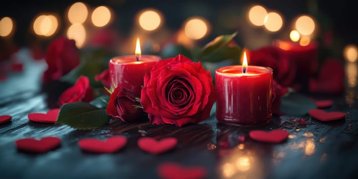 Red roses and glowing candles are arranged together, enhancing the romantic ambiance. Heart-shaped decorations scatter across a dark surface, perfect for a special evening.