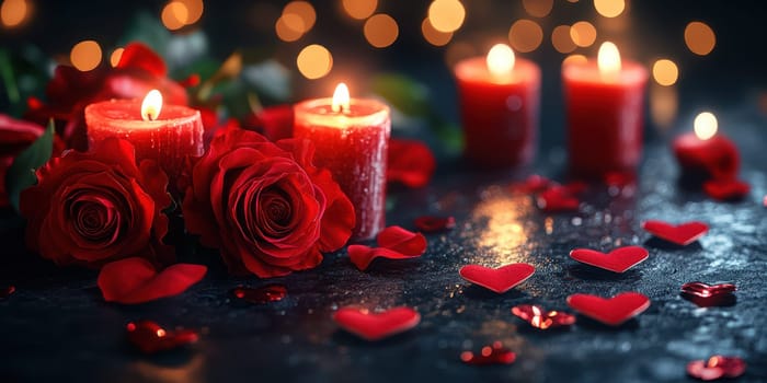 Red roses and lit candles are arranged on a dark surface, surrounded by heart-shaped petals, creating a warm and romantic setting perfect for an intimate celebration.