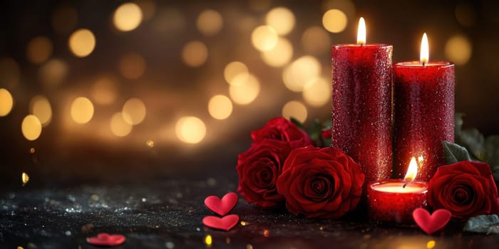 Three red candles softly flicker beside vibrant roses, creating a cozy and romantic atmosphere. Sparkling lights enhance the enchanting mood perfect for a special occasion.