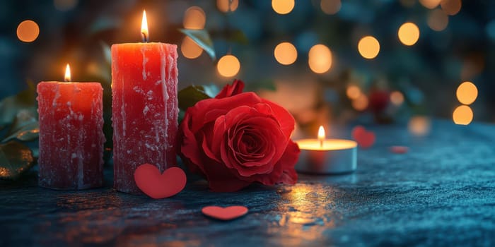 Warm candlelight illuminates a romantic arrangement featuring red candles, a single rose, and scattered heart shapes, creating an inviting atmosphere for an intimate evening.