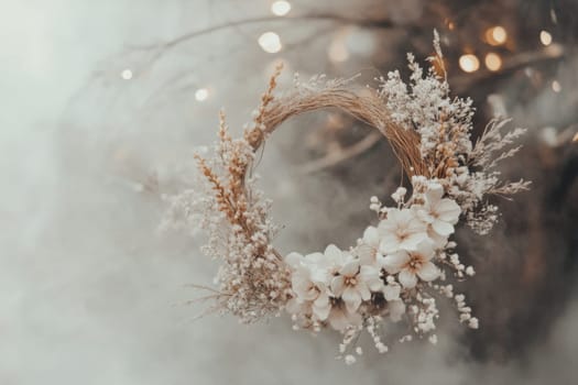 A whimsical floral boho style wreath showcases an array of white blossoms intertwined with dried grasses and natural accents, creating an enchanting display that complements various decor styles.
