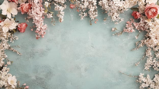 Delicate spring flowers in shades of pink and white create a charming frame around a tranquil turquoise backdrop with copy space, perfect for spring themed designs or wedding invitations.