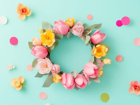 Colorful spring flower wreath crafted with pink and yellow blooms placed against a bright background, creating a cheerful atmosphere perfect for spring festivities.