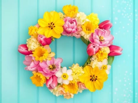 A beautifully crafted spring flower wreath adorned with colorful blooms including tulips, daffodils, and other flowers against a refreshing light blue background, ideal for celebrating the season.